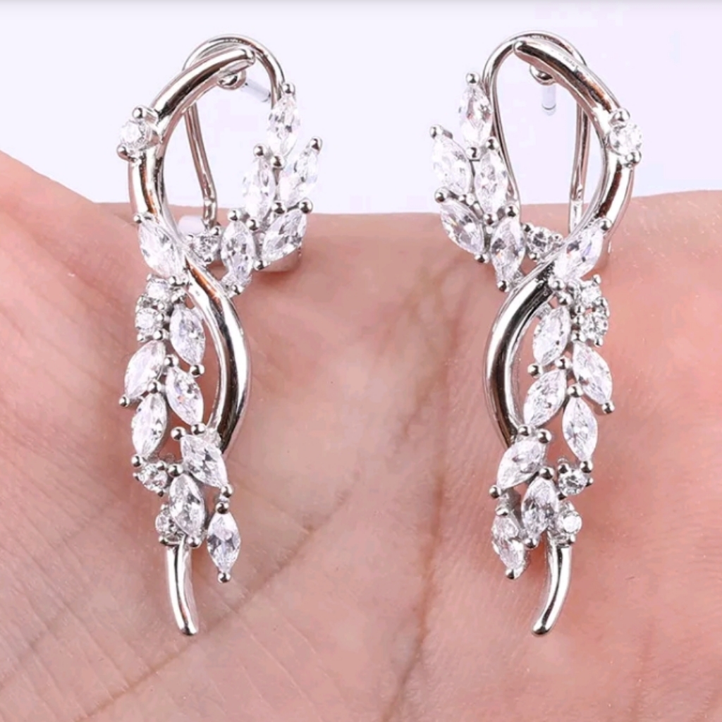 White Sapphire &Sterling Floral Fern Earrings